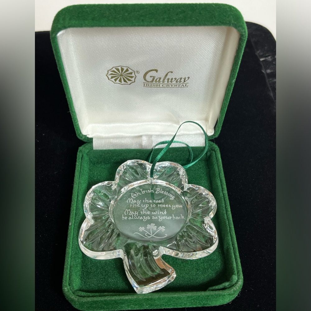 Galway Irish Crystal 3 Leaf Clover Ornament Etched An Irish Blessing & Box Vtg